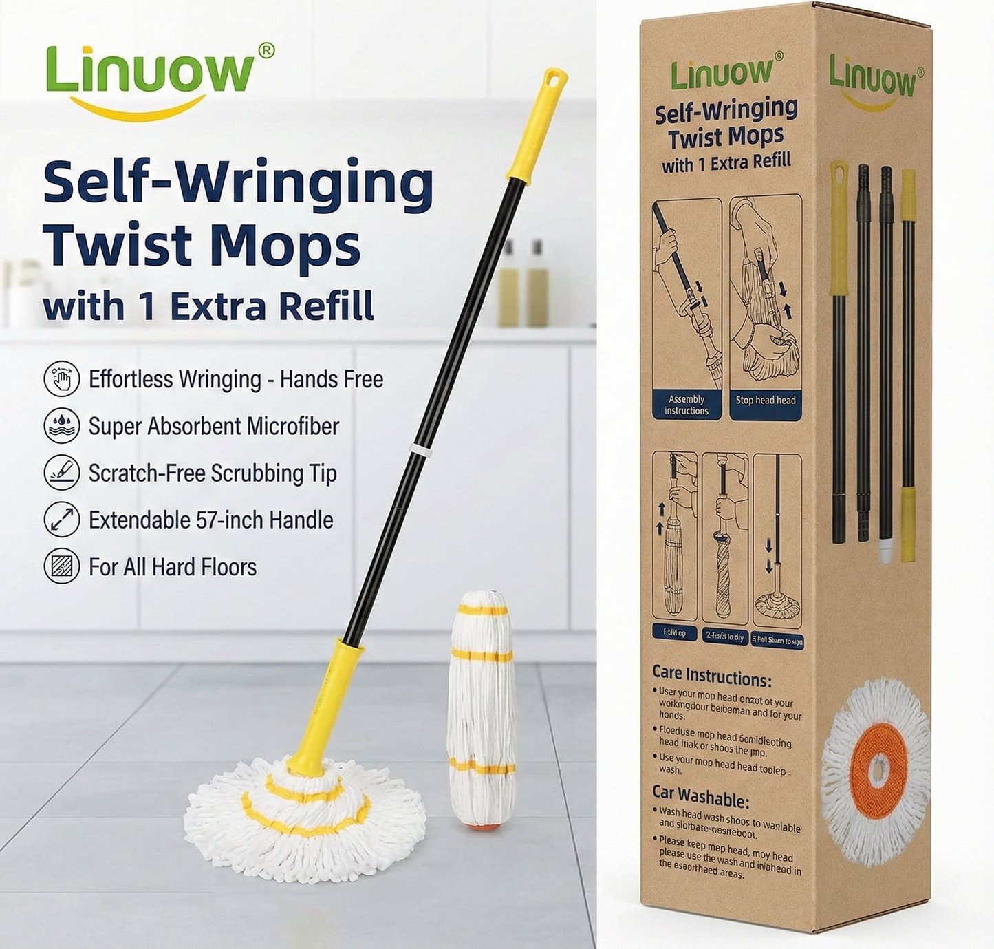 Linuow® Self-Wringing Twist Mops with 1 Extra Refill